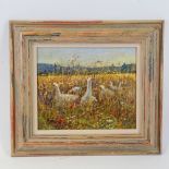 Matt Bruce (1915 - 2000), oil on board, geese in a meadow, signed, 10" x 11.5", framed Very good
