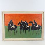 Contemporary oil on canvas, race horses and jockeys, unsigned, 20" x 30", framed Very good condition
