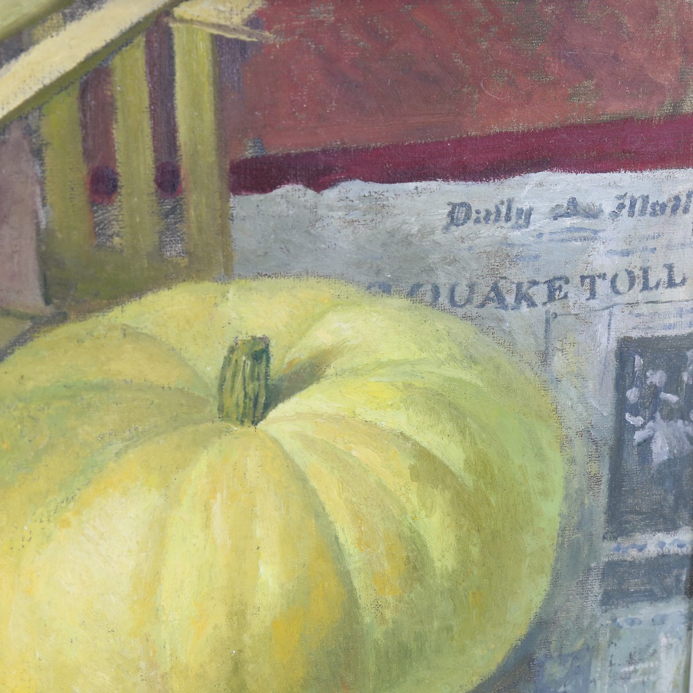 20th century oil on board, still life pumpkin and newspaper, unsigned, 16" x 19.5", framed Good - Image 3 of 4