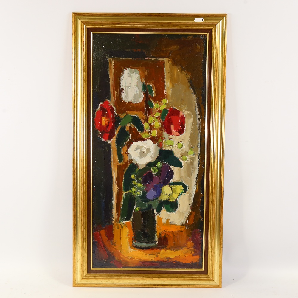 20th century oil on board, abstract still life, indistinctly signed, 26.5" x 12.5", framed Very good
