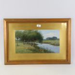 Early 20th century oil on board, rural river scene, indistinctly signed, 9" x 17", original frame