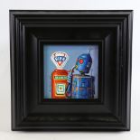 Raymond Campbell (born 1956), oil on panel, Robot Petrol Fix, signed and dated 2019, 4" x 4", framed