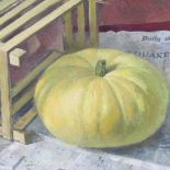 20th century oil on board, still life pumpkin and newspaper, unsigned, 16" x 19.5", framed Good