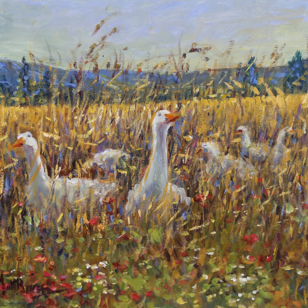 Matt Bruce (1915 - 2000), oil on board, geese in a meadow, signed, 10" x 11.5", framed Very good - Image 2 of 4