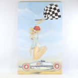 Clive Fredriksson, oil on board, chequered flag, 45" x 27.5", unframed Good condition