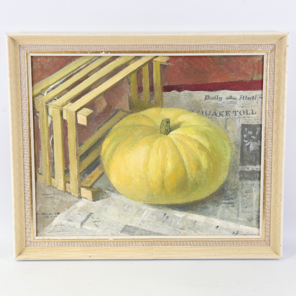 20th century oil on board, still life pumpkin and newspaper, unsigned, 16" x 19.5", framed Good - Image 2 of 4