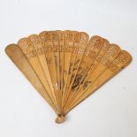 An olivewood brise fan, with double-sided hand drawn pen and ink sketch scenes, guard length 24cm
