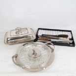 Silver plated bead edge tureen and cover, plated hors d'oeuvres dish, cased carving set etc