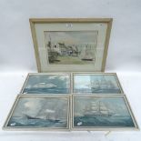 Rowland Hilder, Watercolour, "The Prospect of Whitby Pub" and 4 maritime prints of US ships (5)