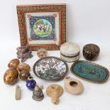 Various collectables, including cloisonne enamel dishes, mother-of-pearl and brass box, hardstone