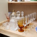 Various glass, including dimple Scotch Whisky bottler and a stand, 2 square decanters and