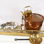 Various fireside equipment, including copper coal bucket, brass chestnut roasting pan etc