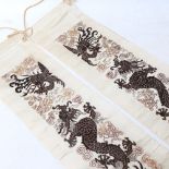 A pair of Chinese silk embroidered scroll panels, dragon and phoenix decoration, 61cm x 14cm (2)