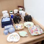 Various ceramics, including Wedgwood blue and white Jasperware, ebony elephants etc
