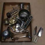 Various silver plate, including cream jug, large toast rack, Arts and Crafts style candlesticks