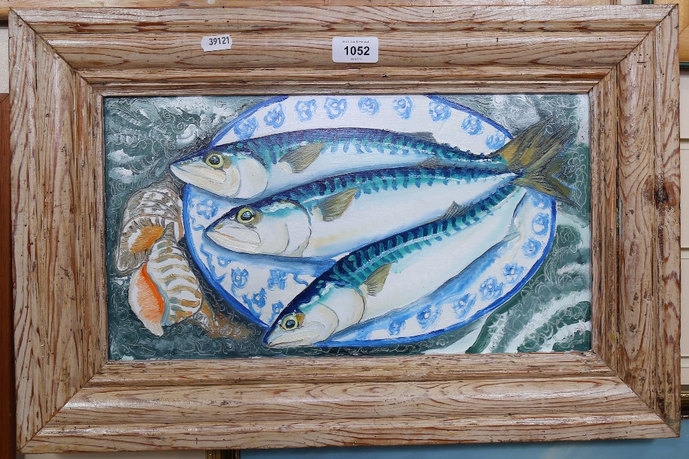 Clive Fredriksson, oil on board, mackerel on a platter, pine frame, overall 37cm x 56cm