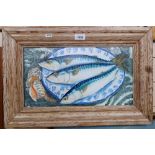 Clive Fredriksson, oil on board, mackerel on a platter, pine frame, overall 37cm x 56cm