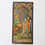 An Indian Mughal miniature watercolour and gilded ivory panel, depicting interior scene, 10.5cm x