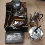 Various silver plate, including Christopher Dresser style spirit kettle and burner stand, coffee pot