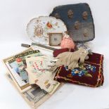 Various collectables, including Limoges plate, embroidered panels, Vintage buttons etc