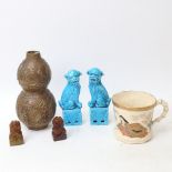 Various Oriental items, including pair of turquoise glaze Dogs of Fo, brass double-gourd vase with 4