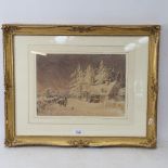 19th century watercolour, figure in a snowstorm, unsigned, image 24ccm x 34cm