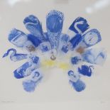 Rebecca Jewell, hand printed feathers, Royal Swan Tiara, framed, with Exhibition label verso,