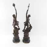 A large pair of spelter sculptures, automobile and aeroplane, unsigned, overall height 52cm