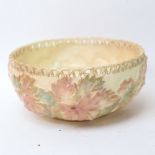 A Royal Worcester ivory porcelain basket weave bowl, relief hand painted and gilded leaf decoration,