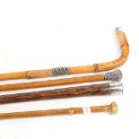 A group of Vintage walking canes, 3 are silver-mounted (4)