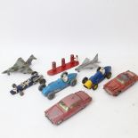 A group of Vintage diecast toy cars and planes, including Talbot Largo, Ferrari racing car,