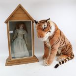 A Vintage wax-headed toy doll in case, and a modern large soft toy tiger (2)