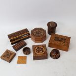 A quantity of various Tunbridge Ware items, including matches box, pin boxes etc