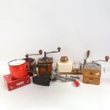 A group of Vintage coffee grinders, Lauren Perrier champagne bucket, enamelled jug, flat iron etc