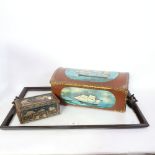 A large glass-based tea tray, and 2 large Vintage biscuit tins, tray 69cm x 46cm