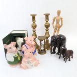 An artist's lay figure, NatWest pigs, pair of Antique brass candlesticks, ebony elephants etc (