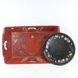 An Oriental painted wood tea tray with bird and floral design, length 57cm, a circular lacquered