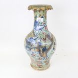 A large Chinese celadon ground vase, figural and bird decoration, height 43cm, cracked and restored