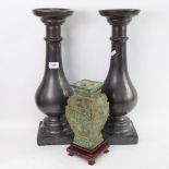 A Chinese Archaic style verdigris vessel vase, and a pair of glazed ceramic candle stands, height