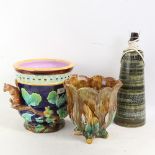 A Rye Pottery table lamp, a large Majolica jardiniere, and another, lamp height 31cm (3)