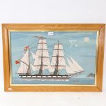 Joy Harland, fabric collage, the Barque Lewes, built at Newhaven 1855, framed, overall 50cm 72cm