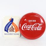 A Coca-Cola drink cap red enamel advertising sign, and another for Adnams Beer, cap diameter 41cm (