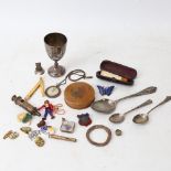Various collectables, including silver spoons, boy scout's whistle, enamel butterfly brooch etc