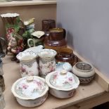 Various ceramics, including Doulton Lambeth Harvest jugs, Lambeth squat vases etc