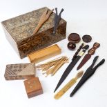 Various collectables, including penwork box, rosewood ball and cup, marquetry inlaid paper knife,