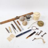 Various interesting collectables, including brass 18' pocket tape measure, large turned ivory