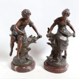 After Francois Moreau, pair of spelter sculptures, including bonne peche, on red marble bases,