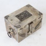 A Chinese unmarked white metal miniature casket, dragon and phoenix decoration, with ring handles,