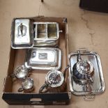 A group of various Antique silver plate, including tea set and tureens (boxful)