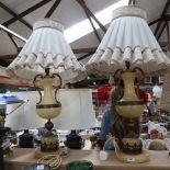 A large pair of Neo-Classical style composition urn table lamps and shades, overall height 86cm